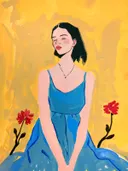 Portret van een vrouw in blauwe jurk tegen een gele achtergrond