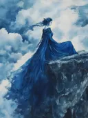 Fantasie schilderij van een vrouw in blauwe jurk zittend op een klif boven de wolken