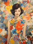 Portret van een vrouw met kort donker haar in een kleurrijke bloemenjurk tegen bloemenbehang.