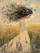 Vrouw met bloemen in het haar in een bloemenveld bij zonsondergang met vogels