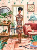 Portretschilderij van vrouw in bohemien woonkamer met planten