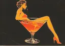 Pop-art afbeelding van een vrouw in oranje jurk zittend in een groot cocktailglas met rode drank