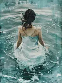 Schilderij van een vrouw in de golven van de zee