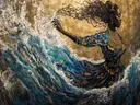 Surrealistisch schilderij van een vrouw die opstijgt uit oceaangolven