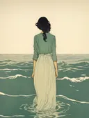 Illustratie van een vrouw van achteren gezien, staand in een golvende zee.