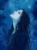 Blauw monochroom portret van een vrouw met opgeheven gezicht in de regen