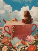 Surrealistisch schilderij van vrouw in grote theekop tussen wolken