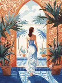 Schilderij van een vrouw in blauw-witte jurk gezien van achteren, lopend richting een zwembad tussen palmen.