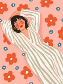 Vrouw in gestreepte badjas schilderij, geïllustreerd portret op bloemenachtergrond