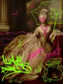 Graffiti-kunstwerk 'Vrouw in Gouden Japon Graffiti Editie', klassiek portret met street-art overspoten