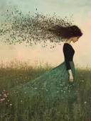Vrouw in grasveld met vogelzwerm, portret schilderij