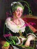 Graffiti-kunstwerk 'Vrouw in Groen Fluweel Graffiti Editie', klassiek portret met street-art overspoten
