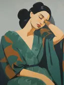 Portret van een vrouw met gesloten ogen in een groen-oranje kimono.