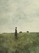 Schilderij van een vrouw die in een weiland staat met koeien op de achtergrond.