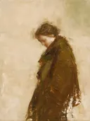 Schilderij: vrouw in houding, beige met oranje
