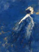 Schilderij: vrouw in houding, delftsblauw