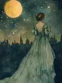 Vrouw met opgestoken haar en groenblauwe jurk kijkt naar een gouden volle maan boven een stadssilhouet bij nacht.