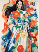 Portret van een vrouw in een witte mantel met oranje en blauwe bloemenprint.