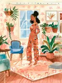 Portret van een vrouw in een kleurrijke boho woonkamer