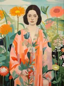 Portret van een vrouw in een oranje bloemenmantel tussen felgekleurde bloemen.