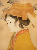 Vrouw in okergele kimono, portret schilderij