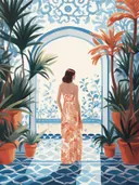 Schilderij van een vrouw in oranje jurk die tussen planten door een patio uitkijkt