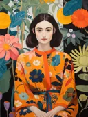 Portret van een vrouw met donker haar in een oranje bloemenkimono tussen planten en bloemen.