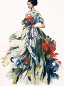 Portret van een vrouw in profiel gekleed in een jurk met geschilderde bloemmotieven.