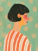 Vrouw in profiel schilderij, portret met stippenpatroon op groene achtergrond