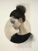 Portret van een vrouw in zijaanzicht met haar in een knot, omkaderd door een zwarte cirkel.