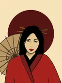 Illustratie van een vrouw in rode kimono met parasol voor een donkerrode cirkel