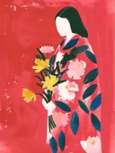 Vrouw in rode kimono met een boeket bloemen
