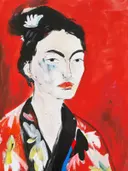 Portretschilderij van vrouw in rode kimono met bloem in het haar