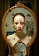 Vrouw in spiegel met ogen schilderij, surrealistisch kunstwerk