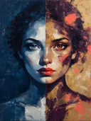 Schilderij: vrouw in twee kleurzones, marineblauw