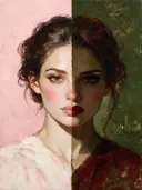 Schilderij: vrouw in twee kleurzones, poederroze