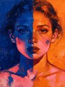 Schilderij: vrouw in twee kleurzones