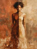 Schilderij: vrouw in twee kleurzones, terracotta