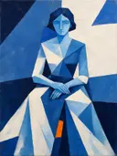 Schilderij: vrouw in vlakken, blauw