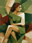 Schilderij: vrouw in vlakken, olijfgroen