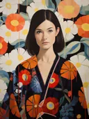Portret van een vrouw in een zwarte kimono met oranje bloemmotief tegen een bloemenbehang.