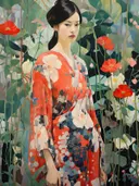 Vrouw in gebloemde kimono tussen rode klaprozen en groen blad.