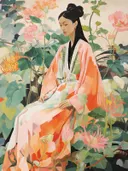 Vrouw in perzikkleurige kimono te midden van lotusbloemen en groen.