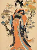 Vrouw in marineblauwe kimono met oranje obi naast bonsaiboom en vaas.