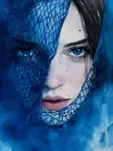 Close-up portret van een vrouw met blauw netvormig sluier over haar gezicht