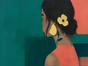 Schilderij van vrouw met bloem in het haar in petrol en koraal, in vlakke kleurvlakken