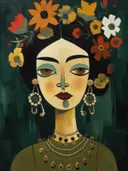 Portret van een vrouw met een bloemenkroon van zonnebloemen en tulpen tegen een donkergroene achtergrond.