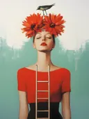Surrealistisch portret van vrouw met bloemenkroon en vogel