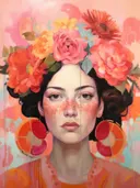 Portret van een vrouw met bloemenkroon, sproeten en sinaasappel-oorbellen