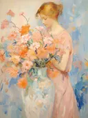 Impressionistisch schilderij van een vrouw die naar een grote vaas met roze en oranje bloemen kijkt.